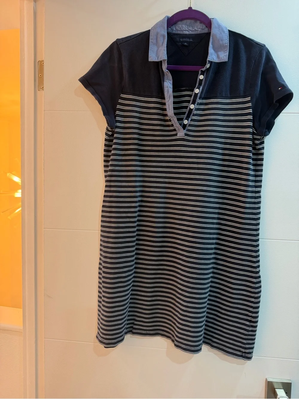 Tommy Hilfiger Navy and White Striped Polo Dress with Light Blue Collar